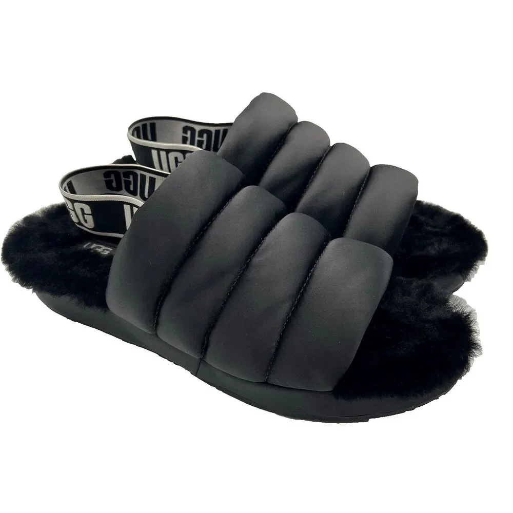 UGG Puff Yeah Slipper Sandal Slide Black Satin Elastic Back Women’s size 10M
